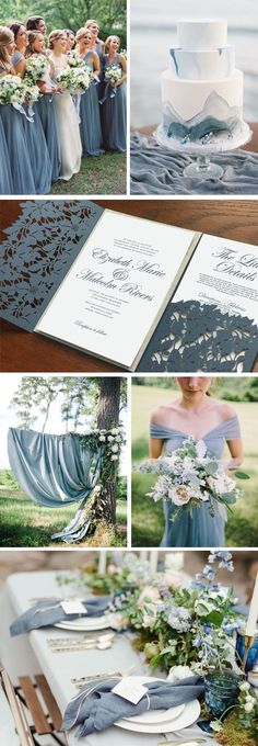 a collage of photos showing the details of a wedding cake, flowers and napkins