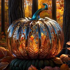 a decorative pumpkin sitting on top of a pile of leaves in front of some trees