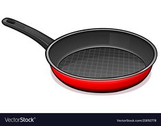 a red frying pan with a black handle on a white background eps1087