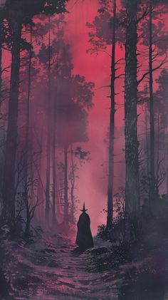 a painting of a person walking in the woods at sunset with trees and fog behind them