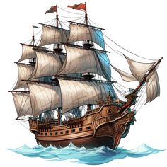 an old sailing ship in the ocean on a white background