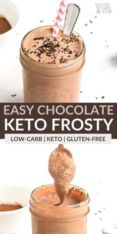 chocolate keto frosty in a mason jar with a spoon sticking out of it