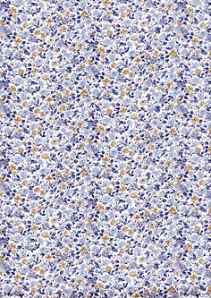 a blue and yellow floral pattern with small flowers on the bottom half of the image