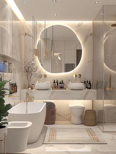 a bathroom with a tub, sink and large round mirror in it's center