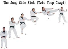 a group of people doing karate moves in different positions on a white background with the words, the jump side kick two year chart below