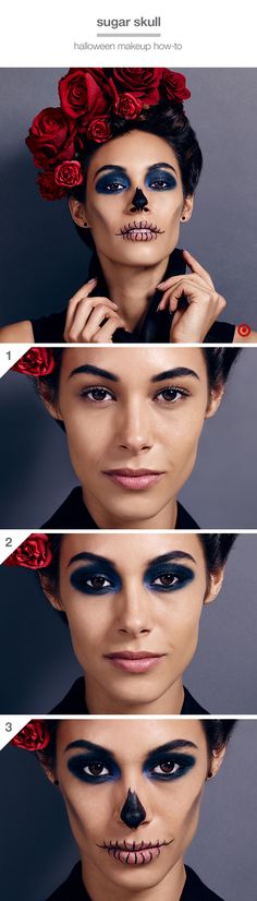 Go all-out with a killer (but easy) Halloween look: 1. Give brows a fierce arch with dark eyebrow wax. 2. Apply dark navy shadow on eyelids, creases and under eyes for a deep-set, dramatic look. Line waterlines with black liner & apply mascara. 3. Apply concealer on lips. Keeping lips closed, draw vertical lines across both lips with black gel liner. Then smudge black costume makeup along the cheekbones and down toward the chin and paint the tip of the nose. Dying to try it? Shop the look. Alien Make-up, Halloween Makeup Tutorial Easy, Dark Eyebrows, Party Make-up, Make Up Tutorials, Sugar Skull Makeup, Waxed Eyebrows