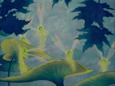 four green fairy - like people are flying over lily pads