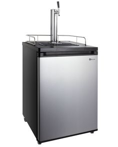 a silver and black refrigerator freezer sitting on top of a white wall with a faucet mounted to it's side