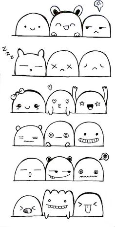 an image of cartoon faces with different expressions on the face and mouth, all drawn in one line