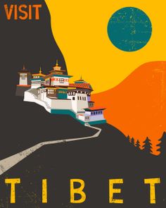 an advertisement for tibet with a large building on the side and trees in the background