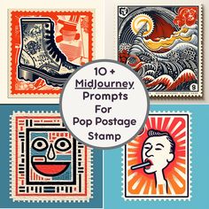 four different postage stamps with the words 10 mid - century, propps for pop stamp