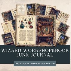 an open book with lots of books on it and the title wizard workshop & book junk journal