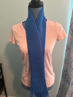 Hand crocheted Blue Knitted Scarves For Winter, Blue Knitted Winter Scarves, Blue Crochet Scarves For Winter, Blue Knitted Yarn Scarves, Blue Knitted Yarn Scarf, Handmade Blue Casual Scarves, Casual Handmade Blue Scarves, Blue Casual Scarf For Winter, Casual Blue Scarves For Winter