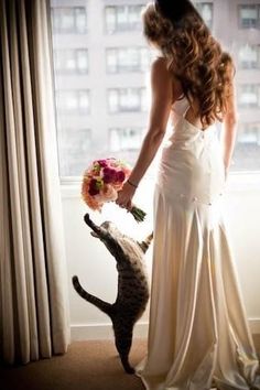 a woman in a wedding dress holding a bouquet with a cat standing next to her