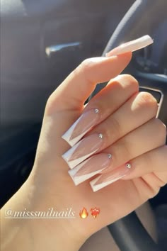 Classy Acrylic Nails With Gems, Long Nail Ideas French Tip, Simple Graduation Nails Coffin, White Nails Rinstone, Diagonal French Tip Nails Acrylic, Clear With White Design Nails, Trendy Acrylic Nails Coffin Summer, Nails Acrylic Square White, Trendy Nails Ideas Square