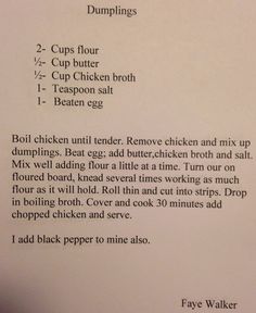 the recipe for dumplings is written in black ink on a white piece of paper