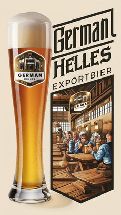 a beer glass sitting next to an advertisement for german heile's exportbier