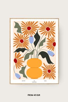 an orange vase filled with flowers on top of a white wall next to a wooden frame