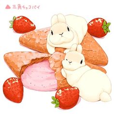 two small rabbits are sitting next to slices of pizza with strawberries on the side