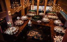 an overhead view of a banquet hall with many tables and chairs