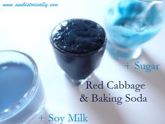 red cabbage and baking soda with soy milk in glasses next to each other on a white table