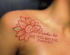 a woman with a tattoo on her shoulder that says god is within her she will not fail