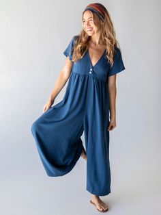 Avery Wide-Leg Jumpsuit - Indigo-view 1 Womens Relaxed Style, Wide Leg Romper Outfit, Jumpsuit Short Sleeve, Boho Style Work Outfits, Natural Life Jumpsuit, Homesteading Outfits Women, Boho Outfits For Work, Waldorf Teacher Outfits, Clothes Casual