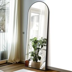 a large mirror sitting on top of a wooden floor next to a white rug and potted plant