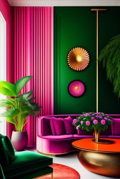 a living room with pink, green and gold furniture in it's color scheme