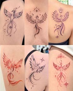 six different tattoos on the back of women's shoulder and chest, each with an image of a bird