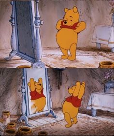 winnie the pooh is looking at himself in the mirror and pointing to his right