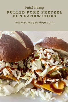 two pulled pork pretzel bun sandwiches with coleslaw slaw