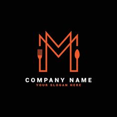 the letter m with fork and knife on black background for restaurant or cafe logo design