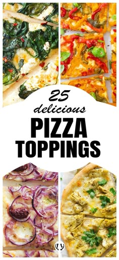 Top view of four different pizza toppings. Pizza Toppings Ideas, Vegetarian Pizza Toppings, Healthy Pizza Toppings, Veg Pizza, Easy Homemade Pizza, Gourmet Pizza, Creative Recipes, Favorite Recipes Dinner, Vegetarian Pizza