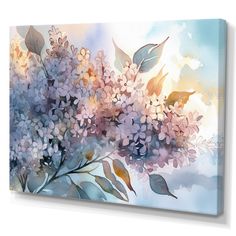 an abstract painting of lilacs and leaves on a blue background canvas print wall art