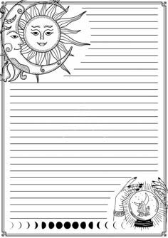 the sun and moon lined paper is shown in black and white, with space for writing