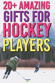 two people playing hockey on an ice rink with the words 20 amazing gifts for hockey players