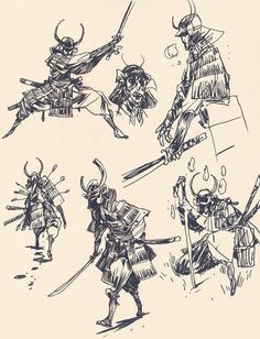 sketches of samurais in various poses and positions