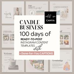 a bunch of cards with the words candle business 100 days of ready - to - post instagram content