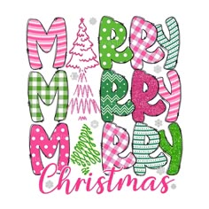 merry christmas lettering in pink, green and white