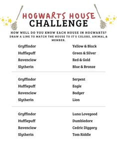 the hogwartts house challenge is shown in red and white with words on it