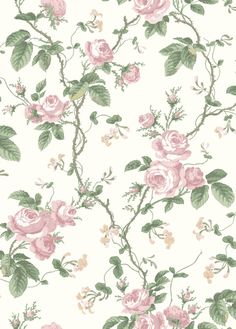 a floral wallpaper with pink roses and green leaves