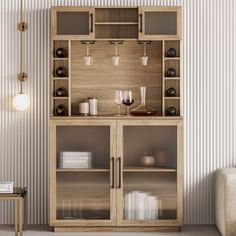 a wooden cabinet with glass doors in a living room