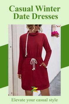 Stay warm and stylish with this drawstring turtleneck long sleeve dress. Perfect as your winter date style dress or casual winter date outfit. This classy winter style effortlessly elevates your look. It's all about trendy fashion looks and winter chic fashion. Embrace the chill in style. Casual Winter Date Outfit, Date Outfits Fall, First Date Night Outfit, Spring Date Outfit, Movie Date Outfit, Winter Date Outfit, Turtleneck Long Sleeve Dress, Movie Date Outfits, Dinner Date Outfit