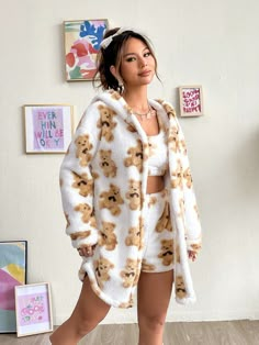 Bear Pattern Drop Shoulder Hooded Teddy Coat & Shorts Beige Casual  Long Sleeve Knitted Fabric All Over Print  Medium Stretch  Women Clothing, size features are:Bust: ,Length: ,Sleeve Length: Cute Pajama, Cute Pjs, Cute Pajama Sets, Cute Sleepwear, Cute Dress Outfits, Cute Pajamas, Teddy Coat, Hoodie Coat, Easy Trendy Outfits