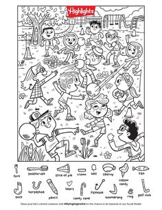 a coloring page with children playing and having fun in the park, including an image of people