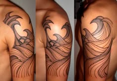 two pictures of a man's arm with an eagle tattoo on the left shoulder