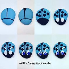 four different pictures of ladybug rocks with eyes and noses painted on each rock