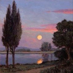 a painting of trees and water at dusk with the moon in the sky behind them