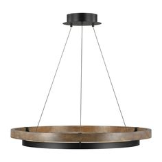 a circular light fixture with two lights hanging from it's center, and an oval wooden